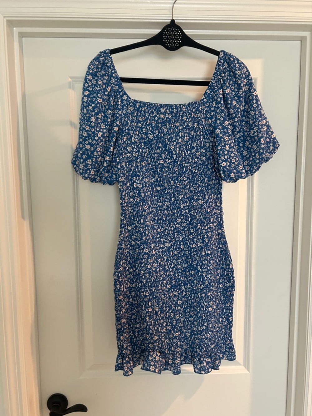 Square Neck Blue Floral Puff-Sleeve Mini Dress